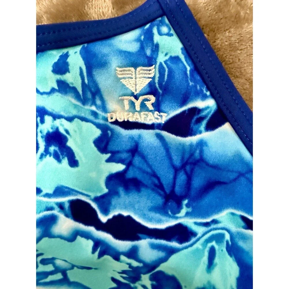 TYR Durafast Size 38 Blue Abstract Open Back Swimsuit Lap Training Competition